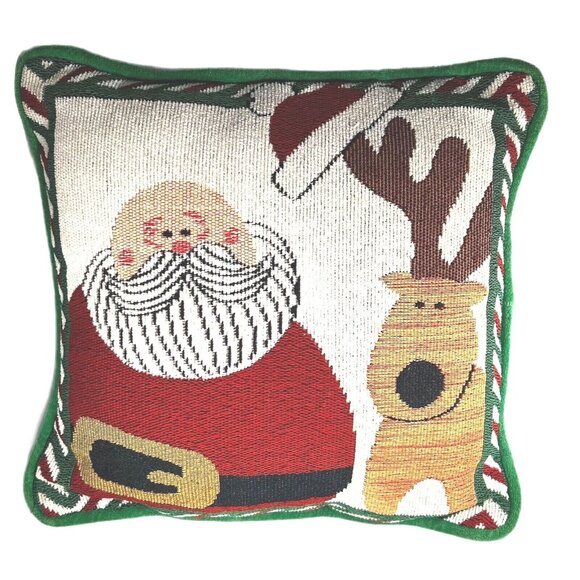 Vintage Christmas Tapestry Pillow Santa Claus Reindeer Antlers Hat 12" square - Picture 1 of 7